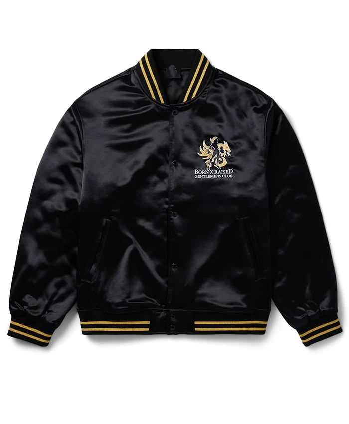 Born x Raised Gentlemens Club Black And Gold Satin Souvenir Bomber Varsity Jacket