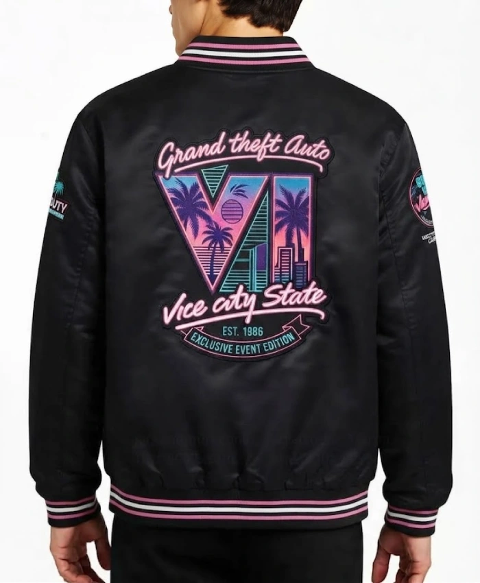 Buy Now GTA VI Vice City State Black Satin Bomber Jacket