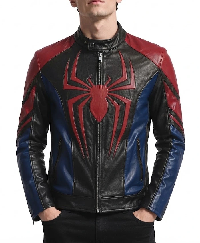 Buy Now Spider Man Black Red Blue Leather Jacket for Men