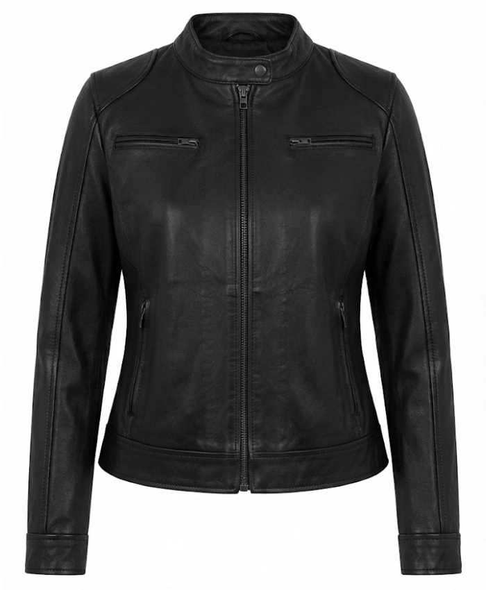 Buy Now Womens Black Cafe Racer Biker Jacket