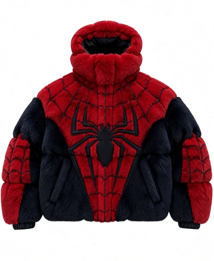Buy Spider Man Red and Black Shearling Fur Puffer Style Jacket