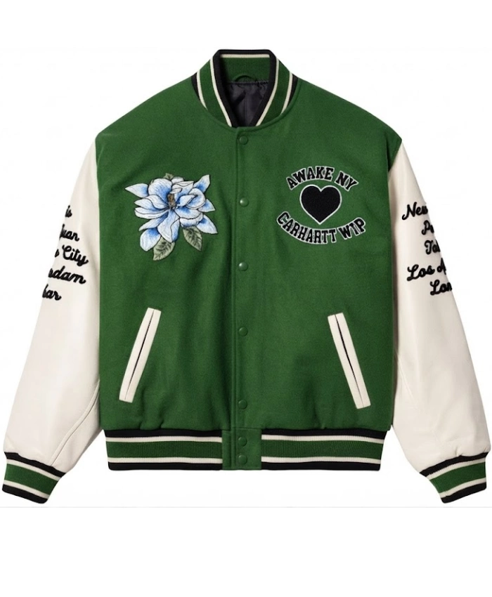 Carhartt Wip X Awake NY Teddy Green and White Varsity Jacket