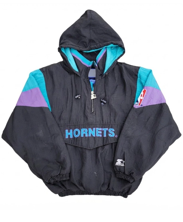 Charlotte Hornets 1990s Black Pullover Half Zip Hooded Jacket