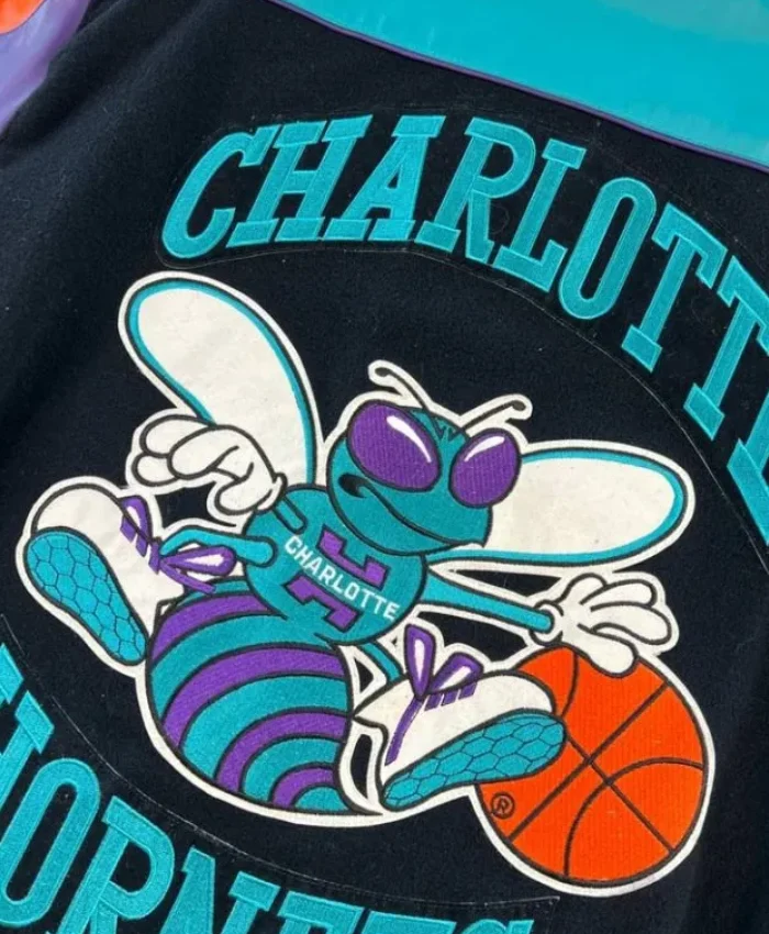 Charlotte Hornets 90s Full Snap Leather Varsity Jacket