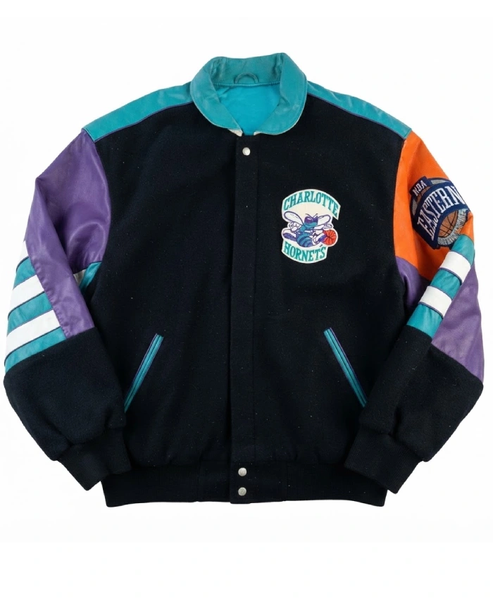 Charlotte Hornets 90s Full Snap Wool Leather Jacket