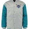 Charlotte Hornets The Enforcer Gray and Teal Full Snap Varsity Satin Jacket