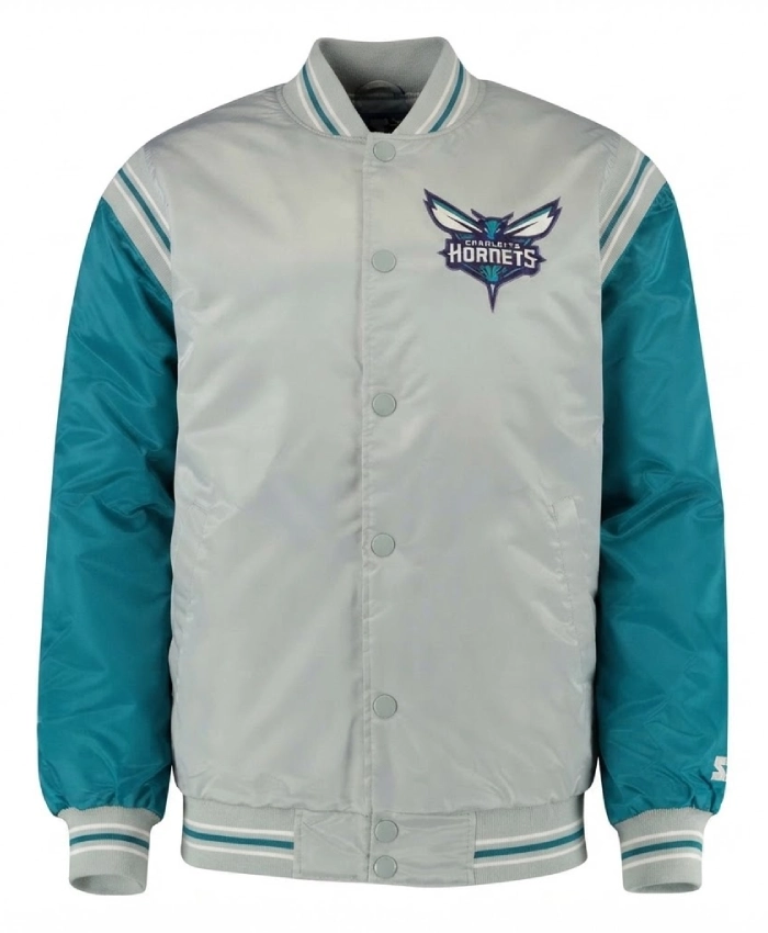 Charlotte Hornets The Enforcer Gray and Teal Full Snap Varsity Satin Jacket