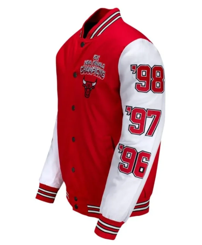 Chicago Bulls 6 Championship Years Full Snap Red and White Jacket