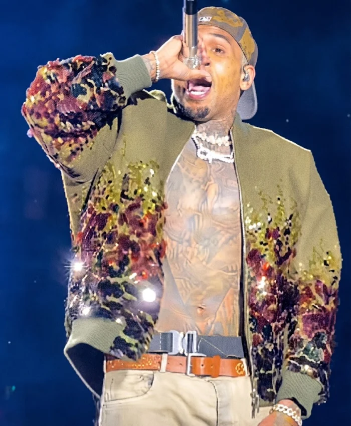 Chris Brown R and B Tour Green Bomber Sequin Jacket