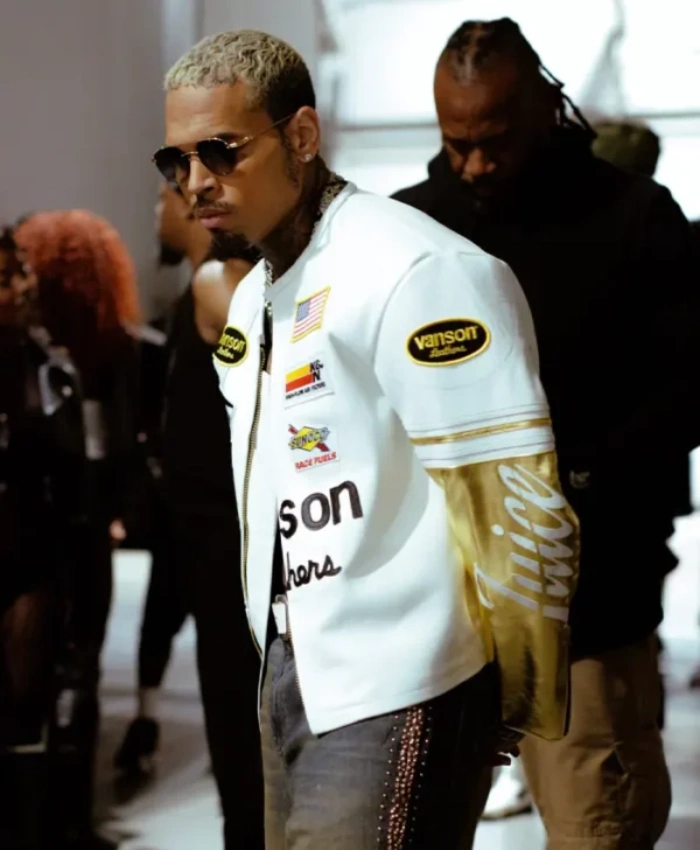 Chris Brown R and B Tour Vanson Leathers White Leather Racing Jacket For Sale