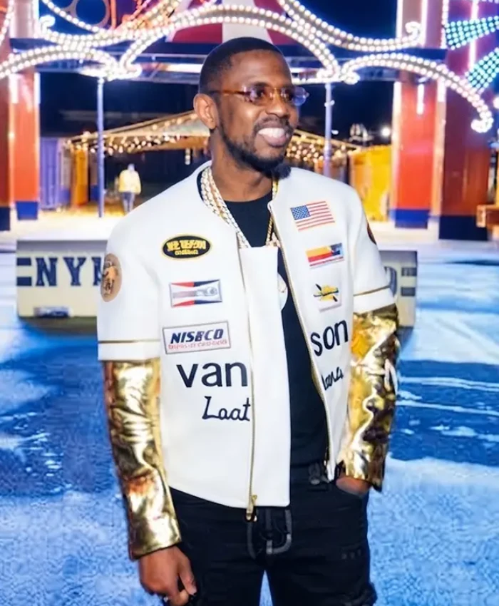 Chris Brown R and B Tour Vanson Leathers White and Gold Leather Jacket For Sale