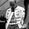 Chris Brown R and B Tour Vanson Leathers White and Gold Leather Racing Jacket For Sale