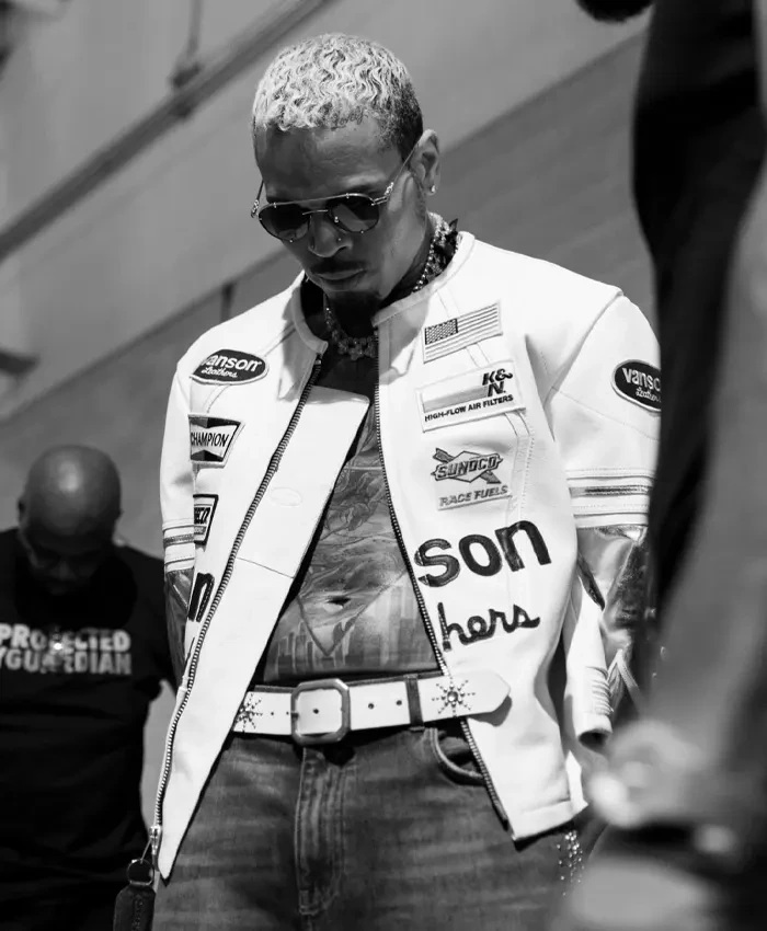 Chris Brown R and B Tour Vanson Leathers White and Gold Leather Racing Jacket For Sale