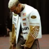 Chris Brown R and B Tour Vanson Leathers White and Gold Racing Jacket For Sale