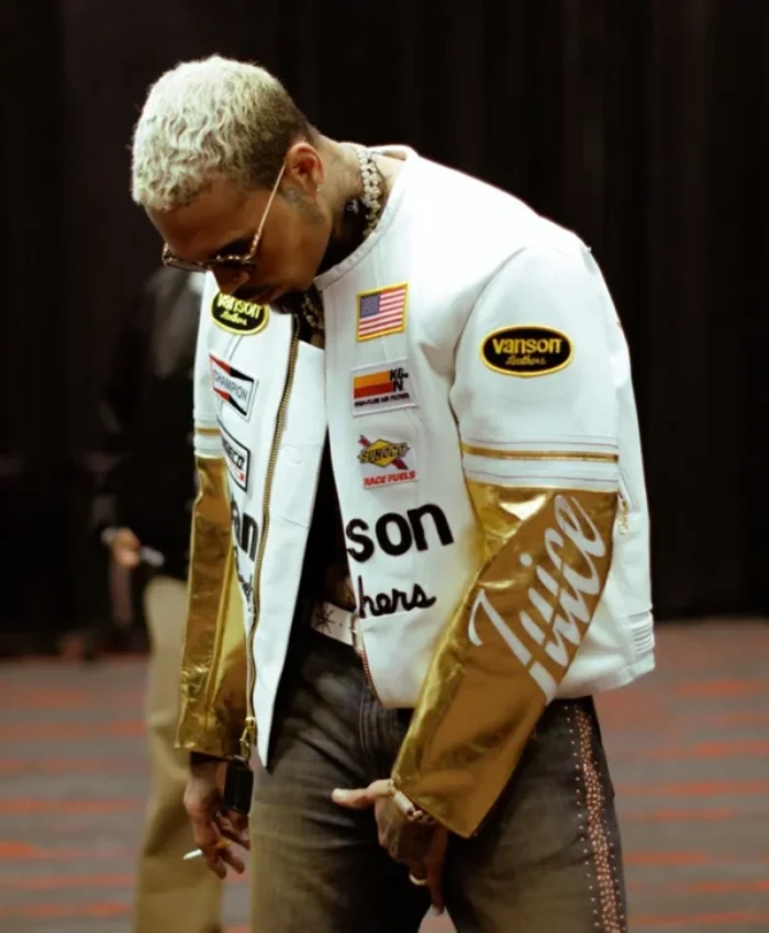 Chris Brown R and B Tour Vanson Leathers White and Gold Racing Jacket For Sale