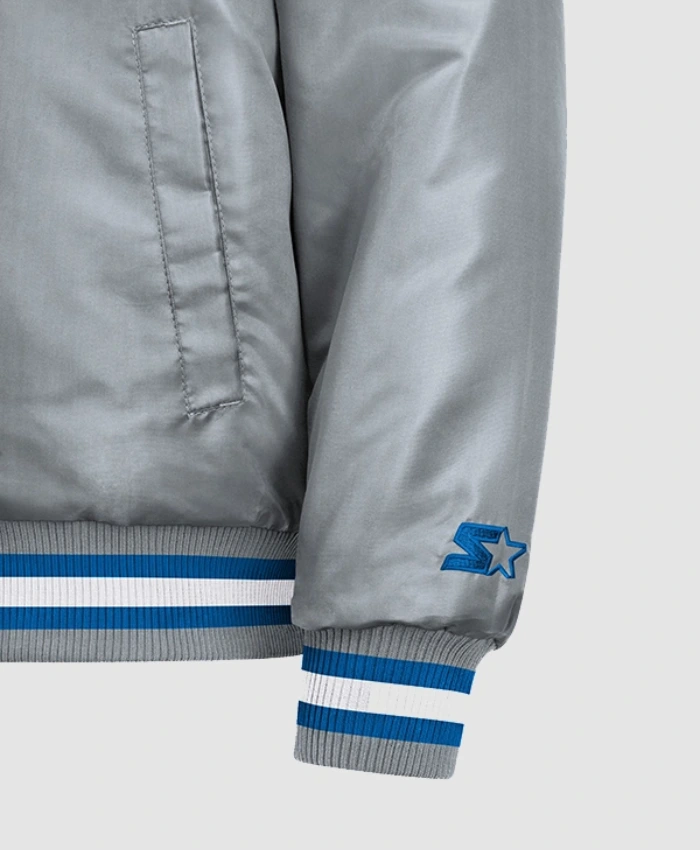 Detroit Lions Courtside Starter Full Snap Grey Satin Varsity Bomber Jacket