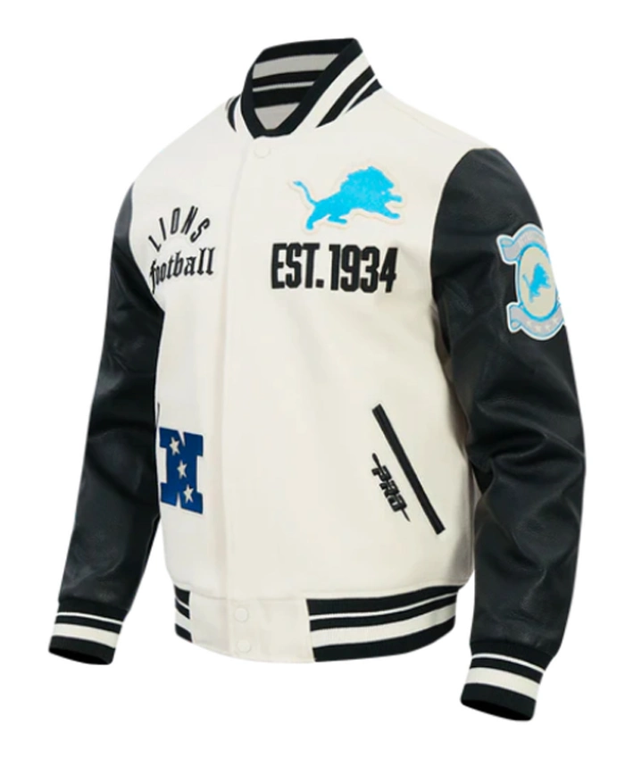 Detroit Lions Modern Originals Classic Rib Black and White Varsity Jacket Sale