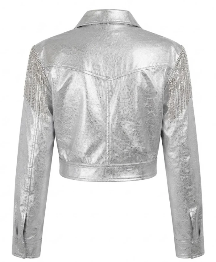 Dolly Parton White Sequin Cropped Fringe Jacket for Women