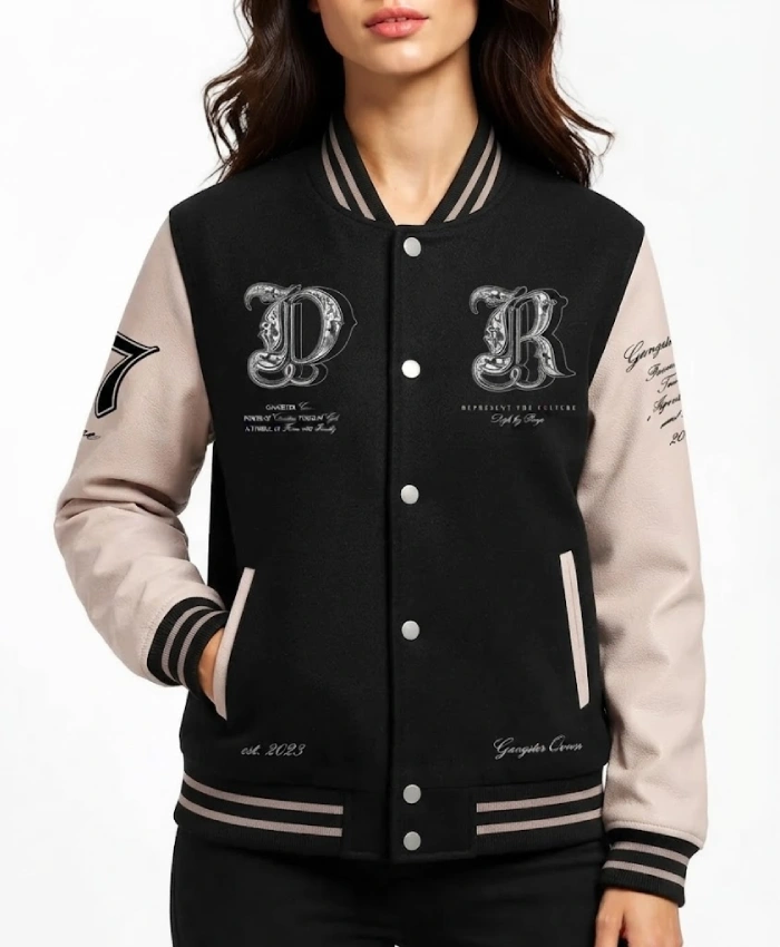Gangster Queen Full Snap Black and White Leather Varsity Jacket