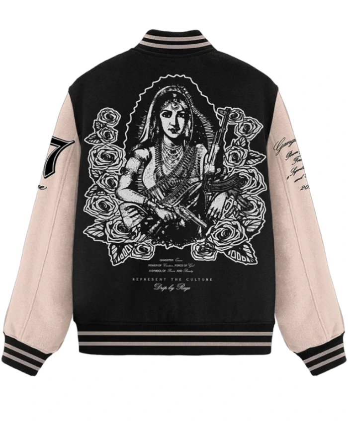 Gangster Queen Full Snap Black and White Wool Leather Varsity Jacket Sale