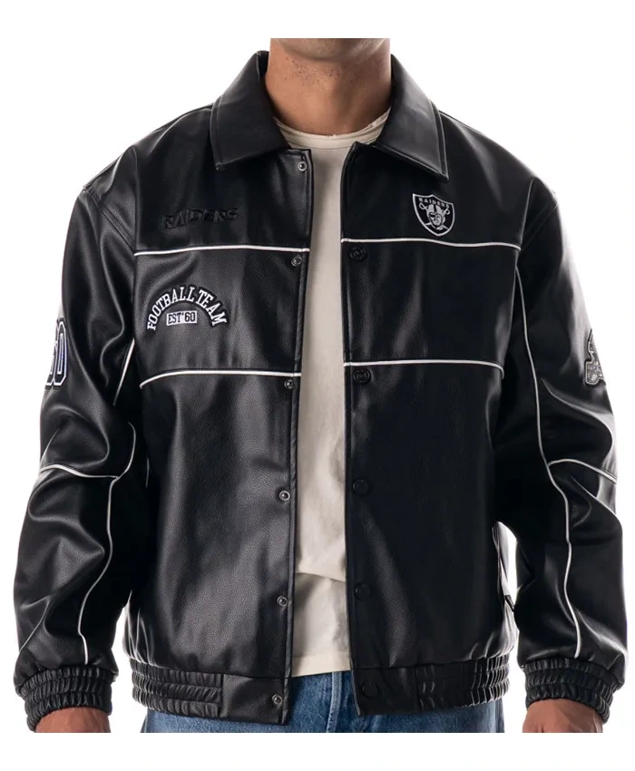 Get Las Vegas Raiders Full Snap Black Leather Racing Jacket