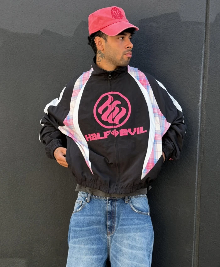 Get the Half Evil Sportswear Black and Pink Windbreaker Jacket