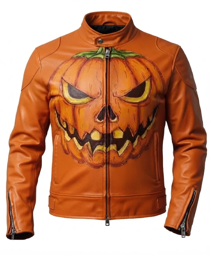 Halloween 2026 Evil Jack o Lantern Print Orange Leather Jacket On Sale