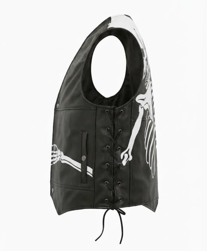Halloween 2026 Skeleton Bones Print Black Leather Vest For Mens