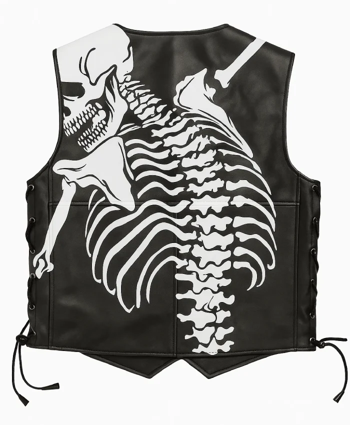 Halloween 2026 Skeleton Bones Print Black Leather Vest