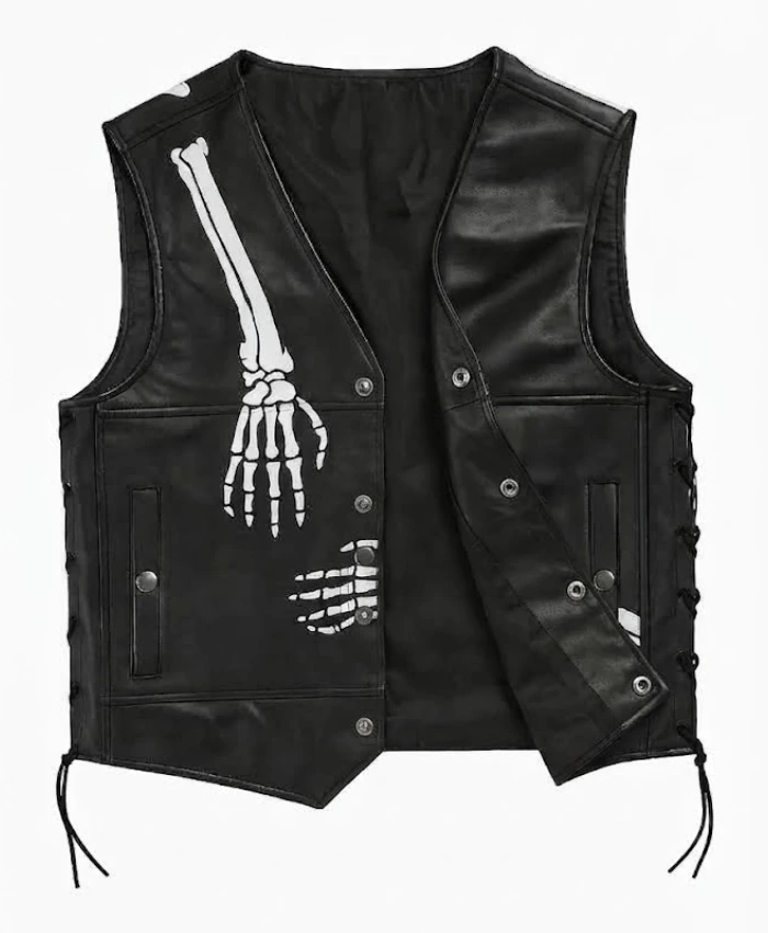 Halloween 2026 Skeleton Bones Print Leather Vest For Mens