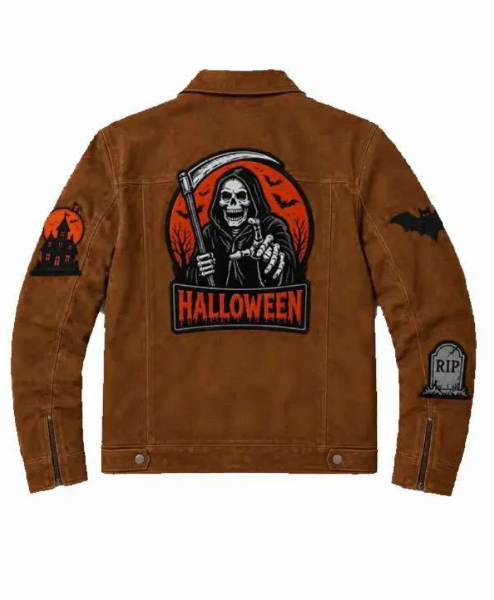 Halloween 2026 Stay Creepy Trick or Treat Patched Brown Suede Leather Jacket