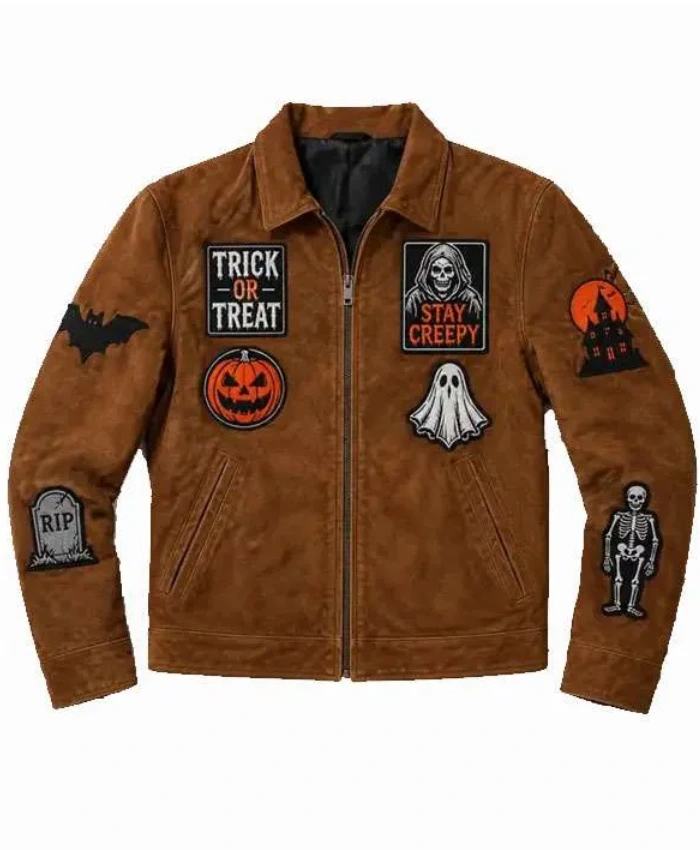 Halloween 2026 Stay Creepy Trick or Treat Patched Suede Leather Jacket