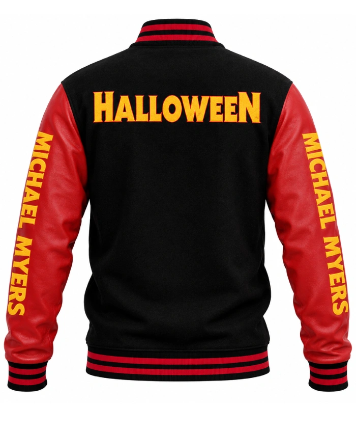 Halloween Baseball Full Snap Black Wool Leather Varsity Jacket