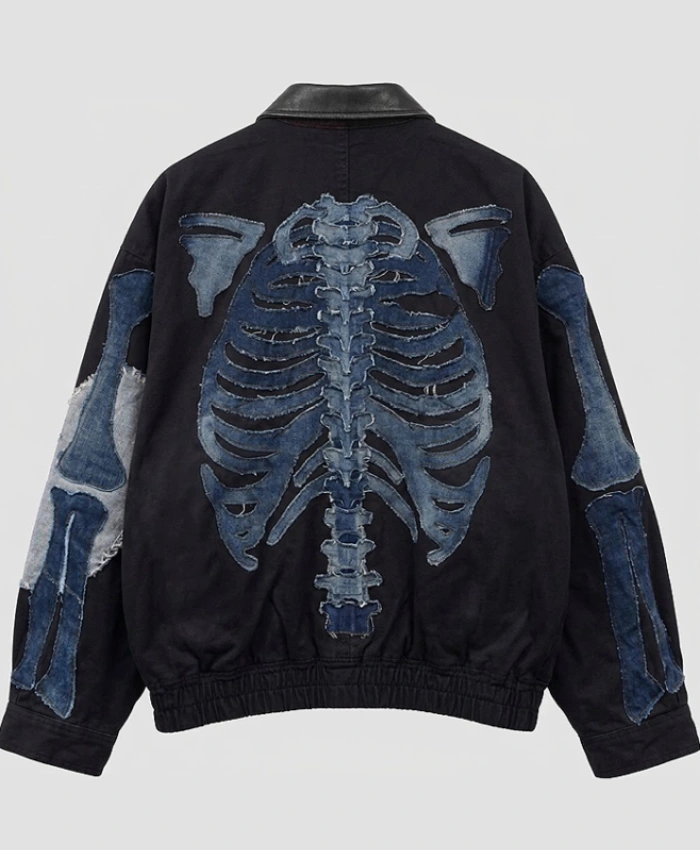 Halloween Black Cotton Jacket with Blue Denim Skeleton Rib Cage Patch