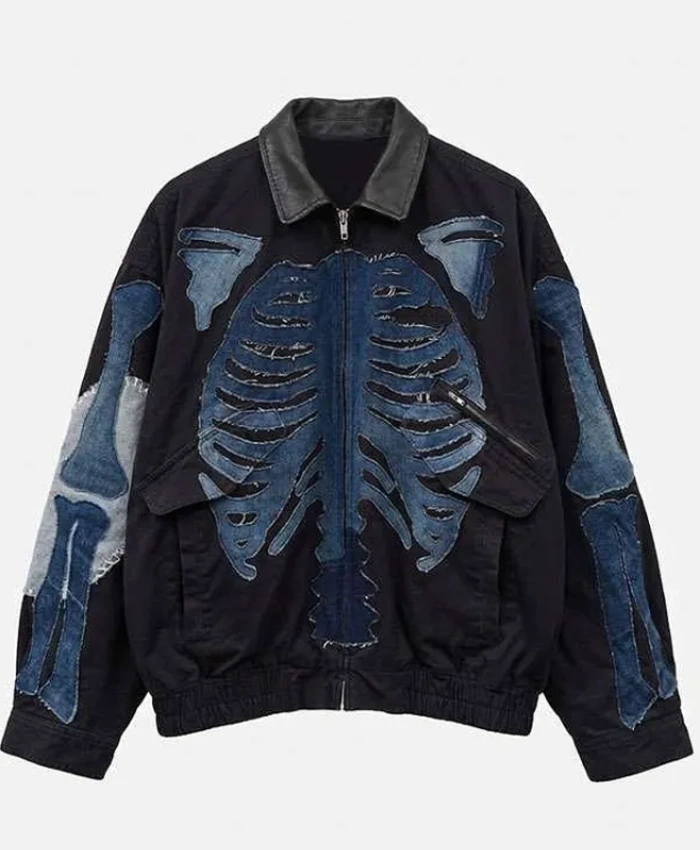Halloween Black Cotton Jacket with Blue Skeleton Rib Cage Patch
