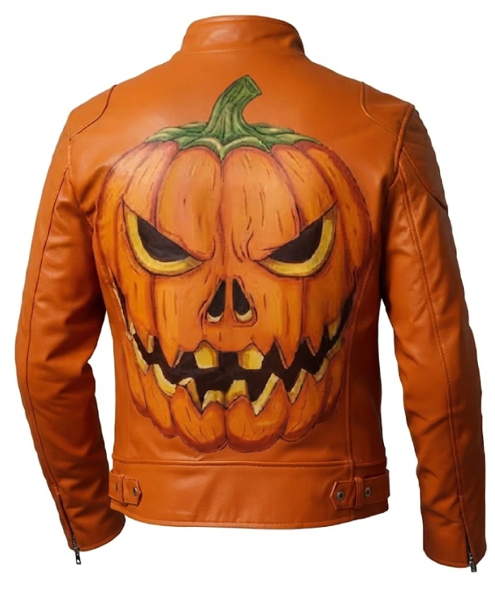 Halloween Evil Jack o Lantern Print Orange Leather Jacket