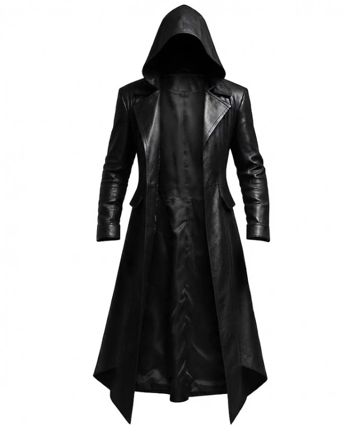 Halloween Gothic Vampire Black Leather Hooded Coat