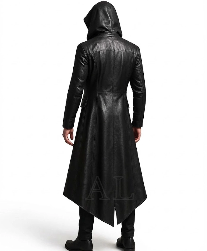 Halloween Gothic Vampire Black Leather Trench Hooded Coat