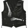 Halloween Skeleton Bones Print Black Leather Vest For Mens