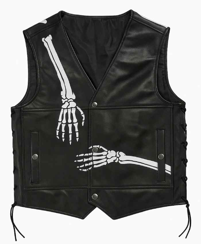 Halloween Skeleton Bones Print Black Leather Vest For Mens