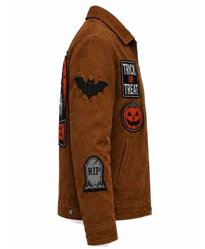 Halloween Stay Creepy Trick or Treat Patched Brown Suede Leather Jacket