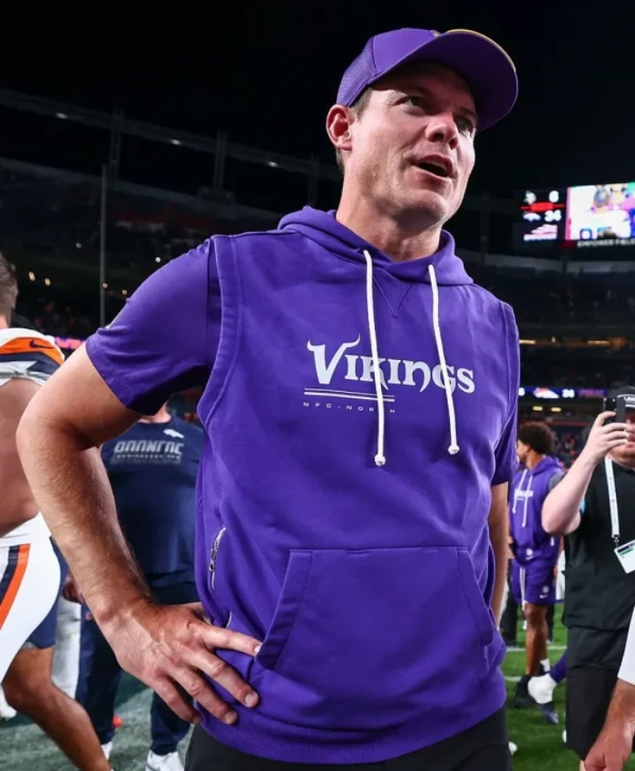 Head Coach Preseason 2026 Minnesota Vikings Kevin OConnell Fleece Pullover Sideline Sleeveless Hoodie Sale