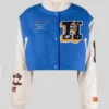 Heron Preston Cropped Blue and White Varsity Jacket On Sale