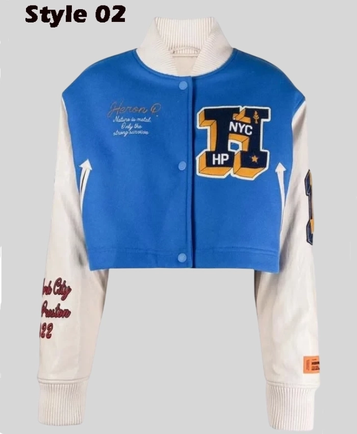 Heron Preston Cropped Blue and White Varsity Jacket On Sale