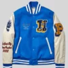 Heron Preston Cropped Blue and White Wool Varsity Jacket On Sale
