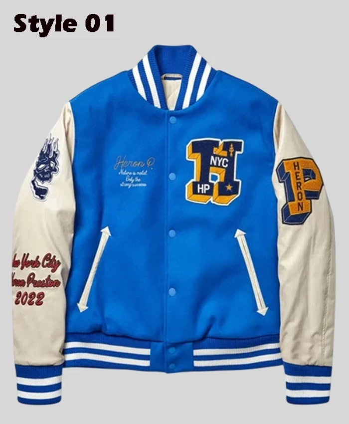 Heron Preston Cropped Blue and White Wool Varsity Jacket On Sale
