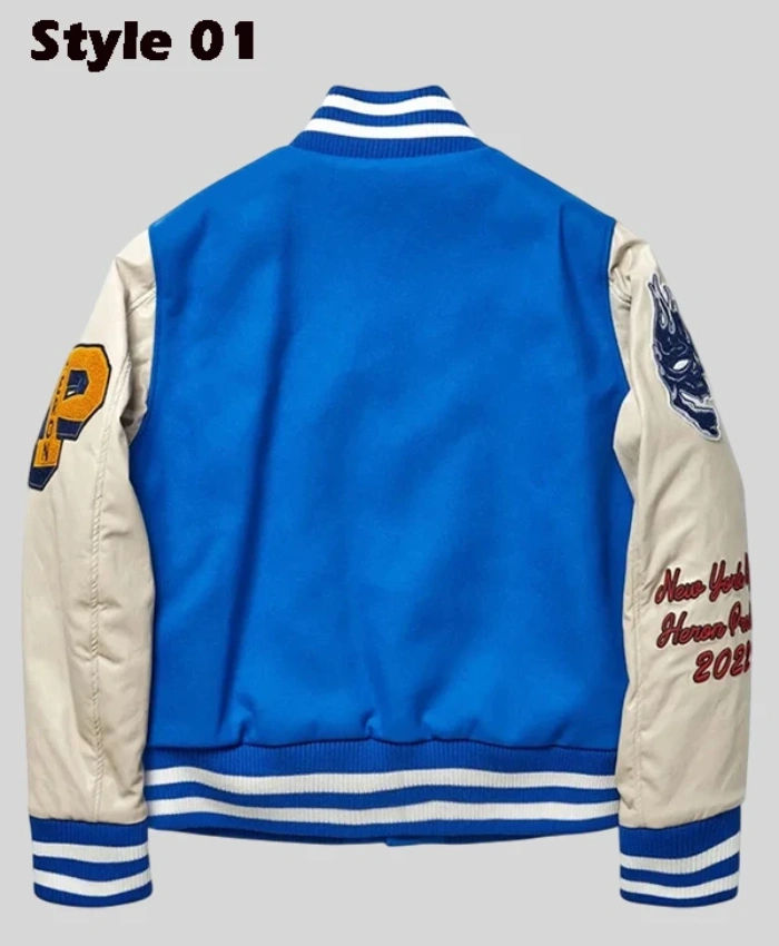 Heron Preston Cropped Blue and White Wool Varsity Jacket