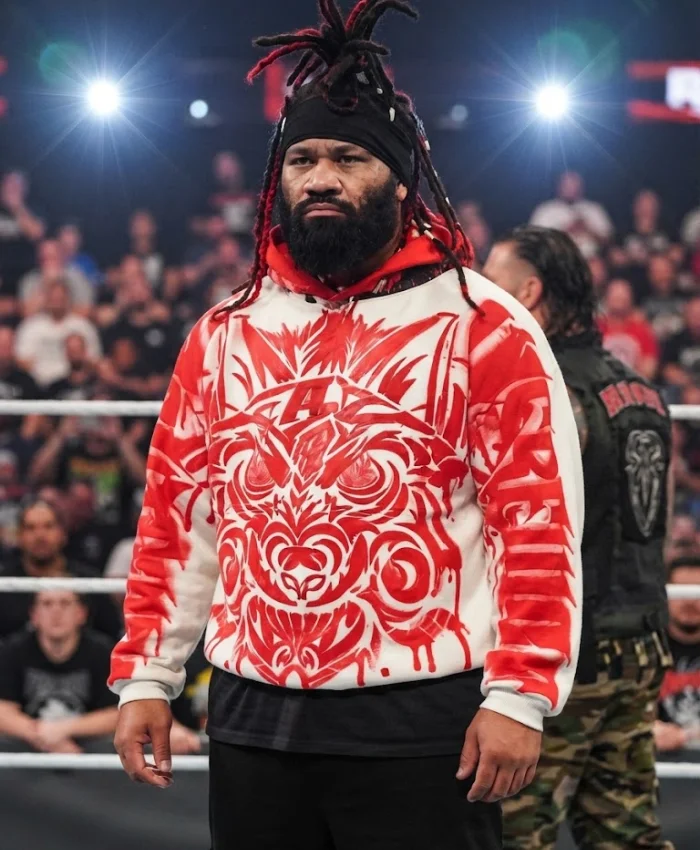 Jacob Fatu Monday Night RAW 2026 Red Tribal Wolf Graphic White Hoodie