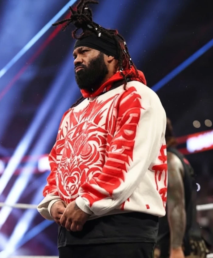 Jacob Fatu Monday Night RAW 2026 Red Tribal Wolf Graphic and Samoan Sleeve Print White Hoodie