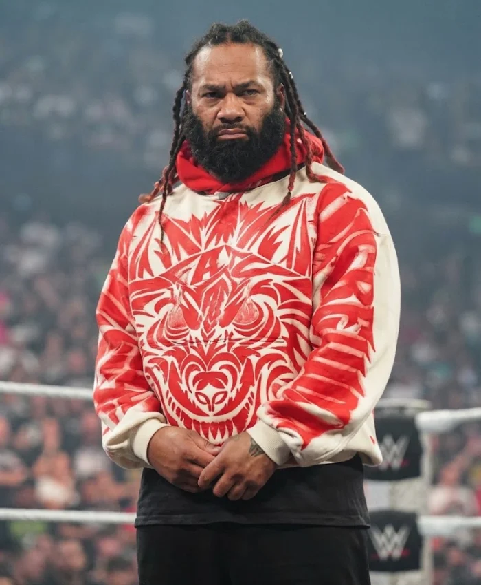 Jacob Fatu Monday Night RAW Red Tribal Wolf Graphic and Samoan Sleeve Print White Hoodie
